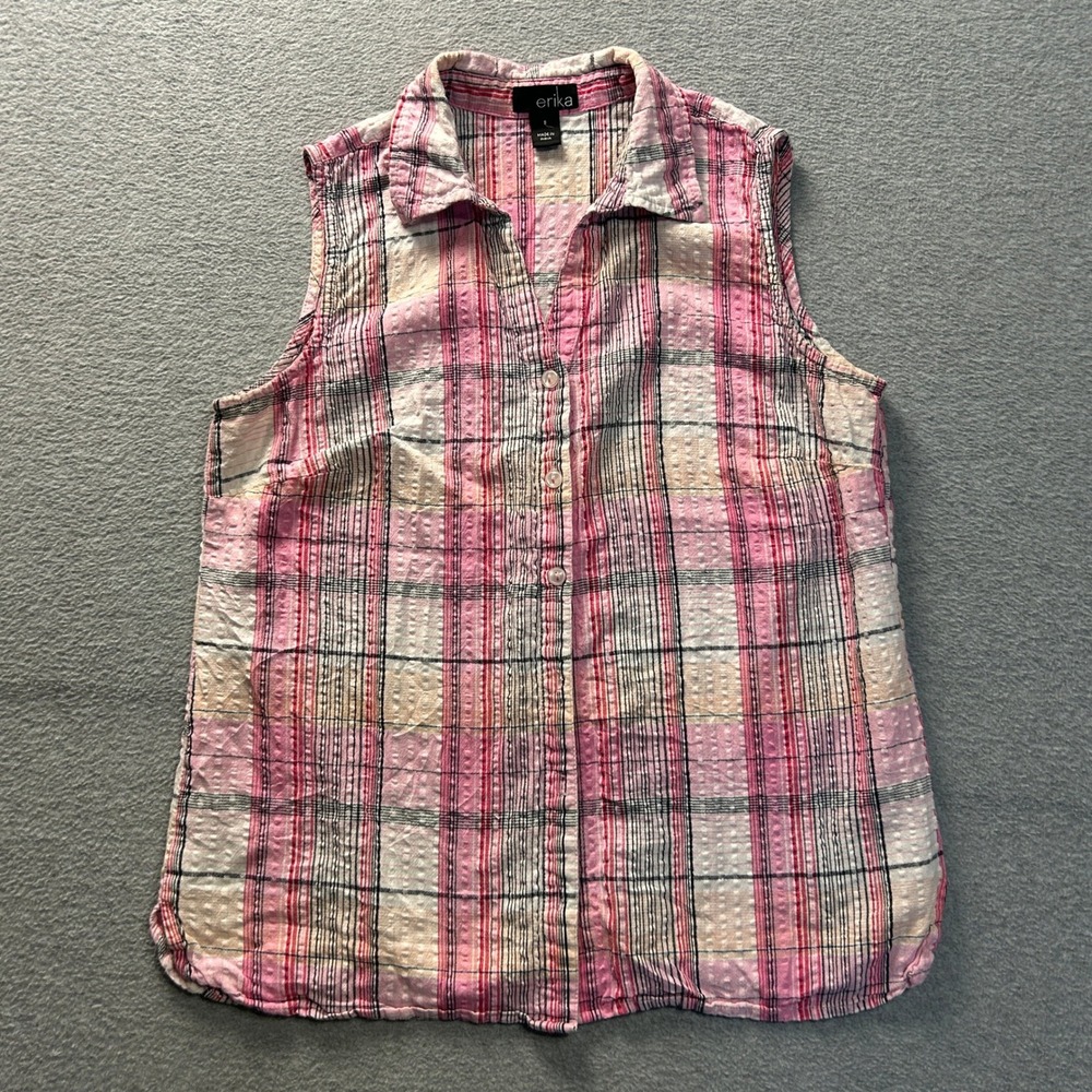 Erika Sleeveless Button Front Womens Small Pink Plaid Casual Shirt Casual Top